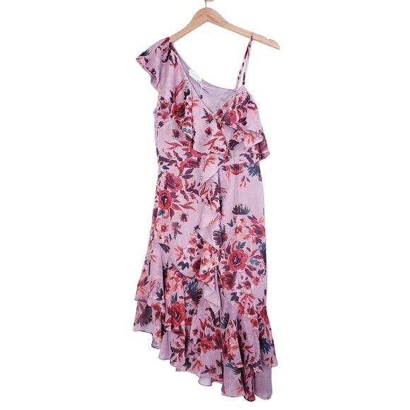 Lovers + Friends Stacey Ruffle Midi Dress Pink Red Floral Asymmetric Small NWT - Picture 4 of 15